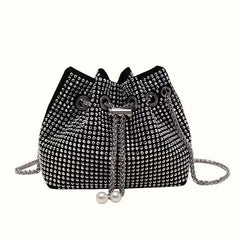 Sparkling Rhinestone Pearl-Tipped Bucket Crossbody Bag