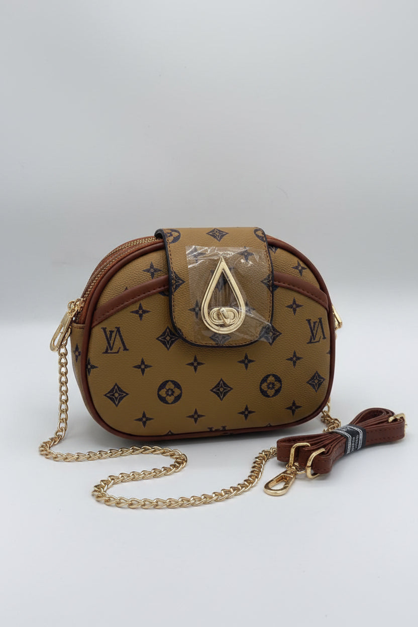 Monogram Print Teardrop Lock Oval Crossbody Bag