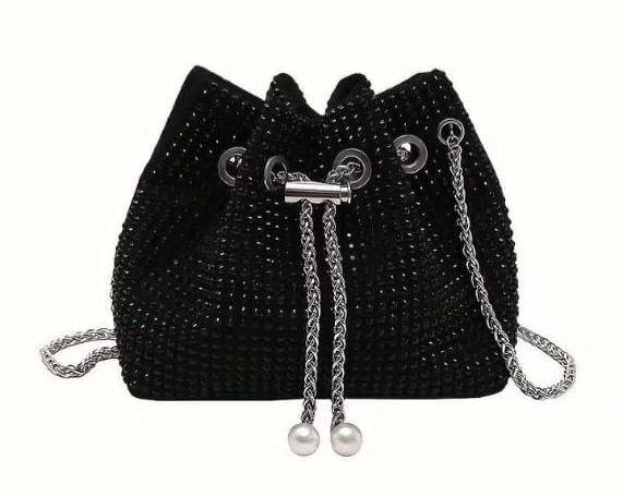 Sparkling Rhinestone Pearl-Tipped Bucket Crossbody Bag