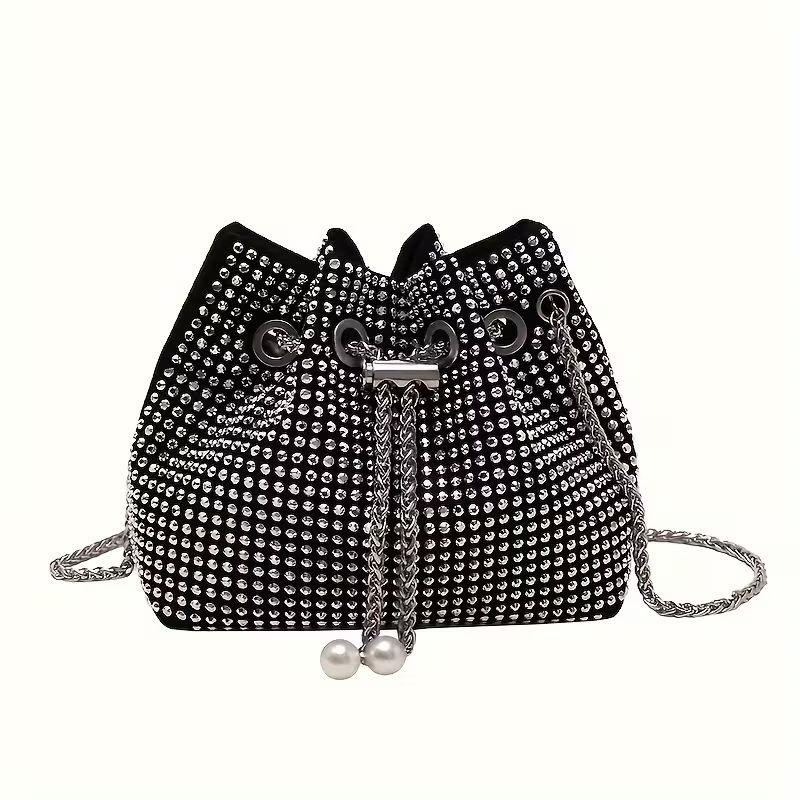 Sparkling Rhinestone Pearl-Tipped Bucket Crossbody Bag